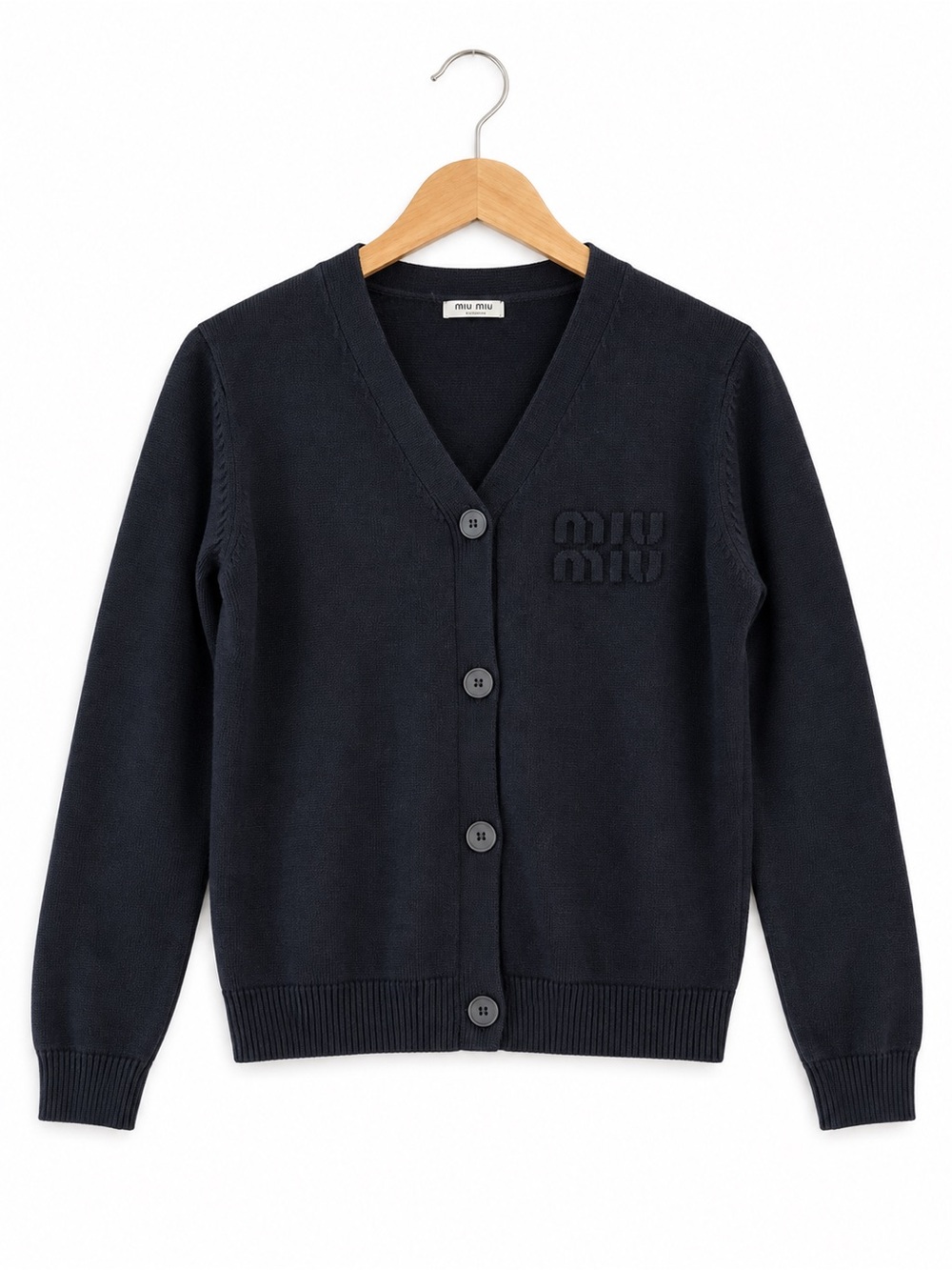 Miu Miu Black Cashmere Wool Blend Tonal Logo Cardigan Sweater Size 40